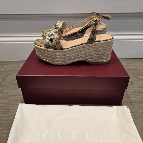 $990 Gucci Lady GG Canvas Beige Horsebit Platform Sandals EU 40.5 US 10.5 BNIB - Picture 3 of 7